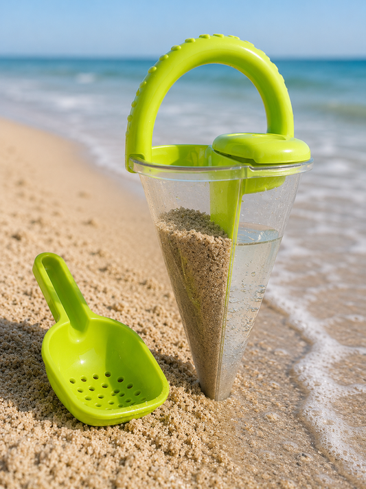 SandSwirl™ kids beach toy with sand and water compartments and sifter scoop